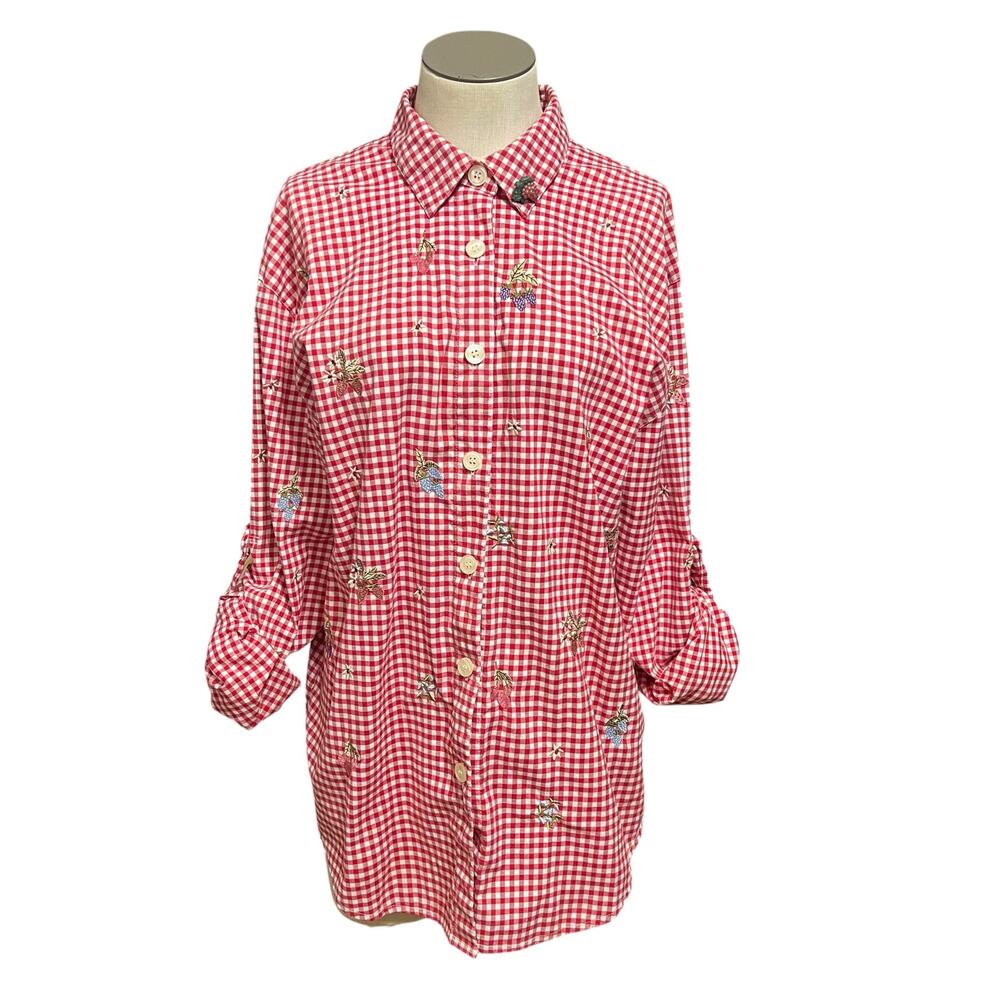 Teddi Vintage Americana Whimsy Granny Cottage Plaid Fruit Button Up Shirt Sz M
